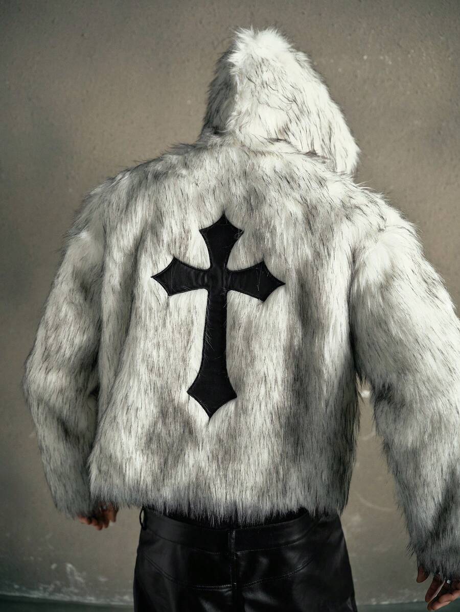 AXEPEAK Men's Fashionable Cross Embellished Hooded Jacket, Autumn/Winter - Beige - View 1