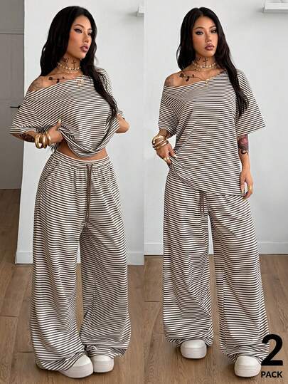 Coolane Women's Winter Clothes Streetwear Casual Minimalist Basic Daily Wear Going Out Sport Comfortable Off Shoulder T-Shirt And Wide Leg Sweatpants Brown Striped,2pcs