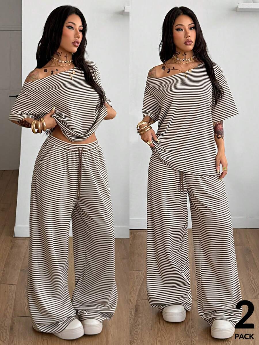 Coolane Women's Brown And White Striped 2pcs Set,Summer Streetwear Lounge Off Shoulder T-Shirt And Wide Leg Sweatpants,Casual Minimalist Basic Daily Wear - Mocha Brown - View 1