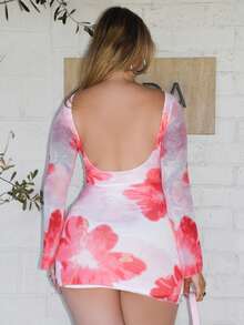 Arliah Women's Floral Open Back Mesh Mini Dress,Trumpet Sleeve Valentine's Day Dress,Positioning Flower Dress,Low-Back Mini Dress,Holiday Dresses, Beach Vacation Large Floral Print Dresses ,Mesh Sleeve Mini Dress,Commuting, Elegant, Sexy, Vacation, Beach, Hawaii, Romance, Dating, Party, Concert, Performance Costume, Wedding Season, Back To School Season, Valentine's Day,Summer Dresses Spring Clothes - Multicolor - View 2