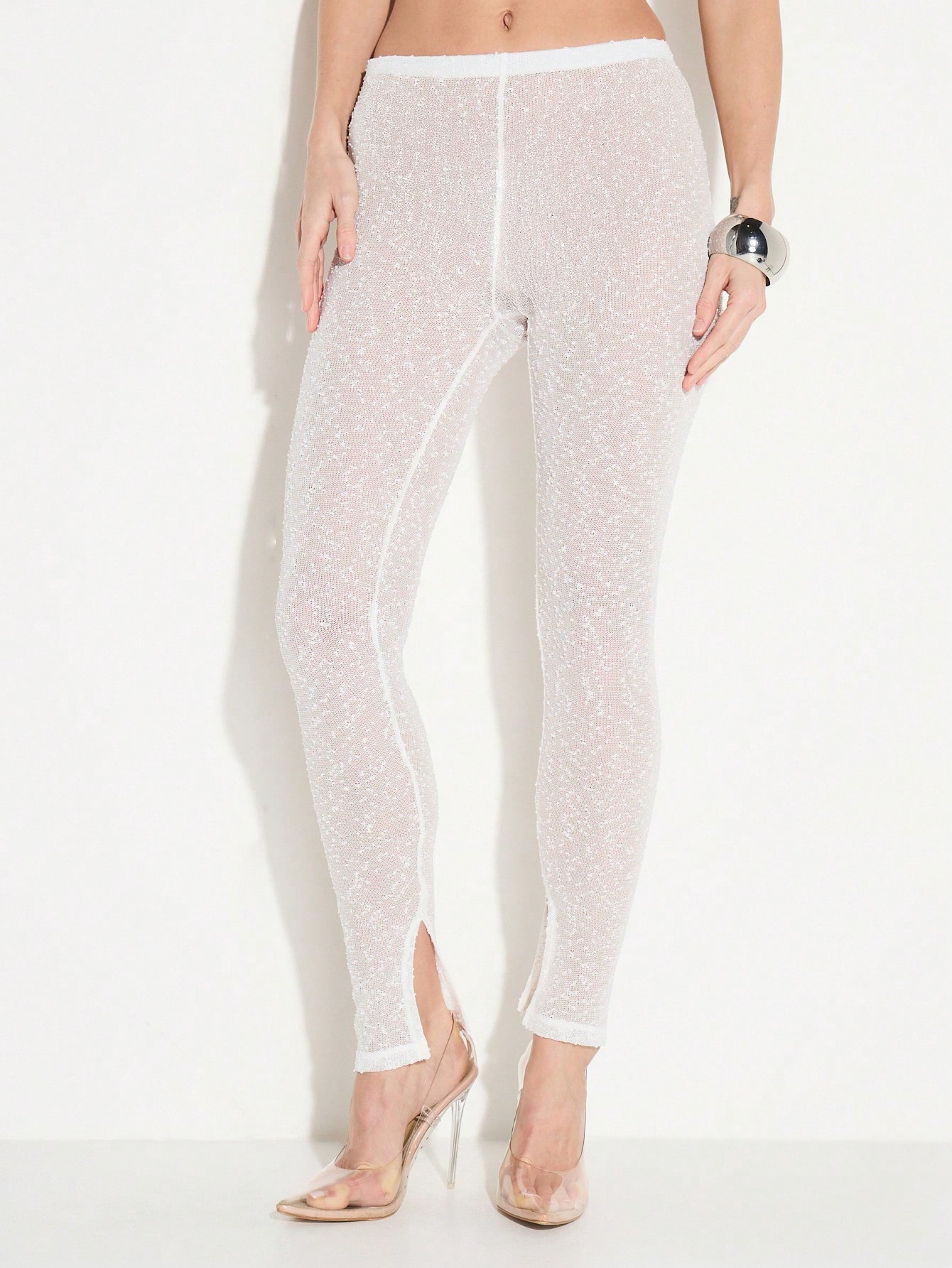 KIZN White Sequin Leggings With Side Split Hem