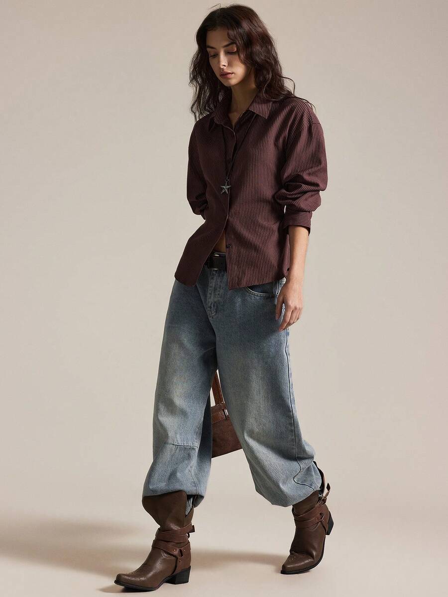 Easelle Casual Retro Plaid Cinched Waist Loose Turndown Collar Women Shirt Western Wear Women Western Button Up Women Western - Multicolor - View 1