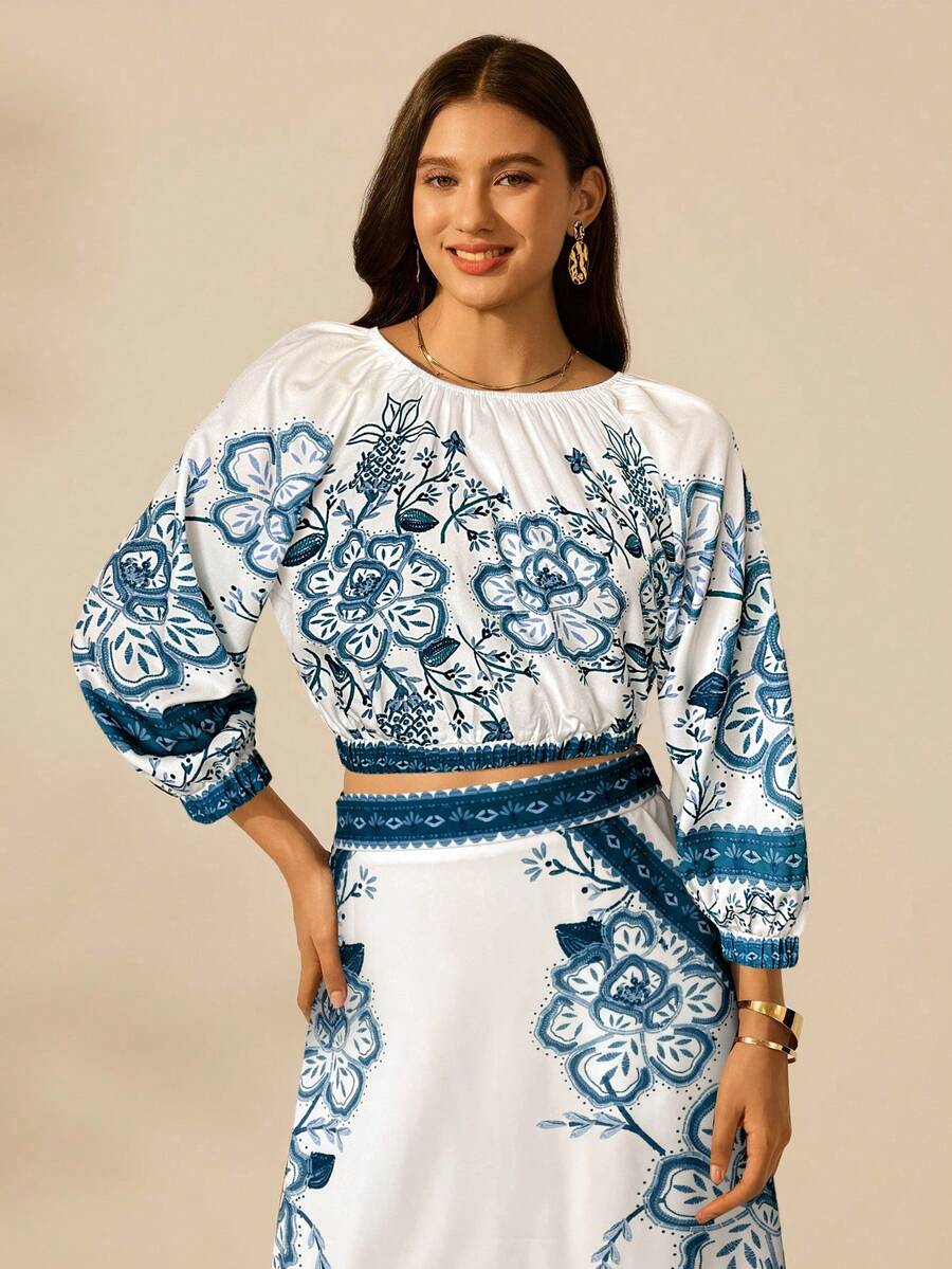 CAJUNI 女士度假休闲热带花卉印花长灯笼袖黑色圆领短款衬衫 - 藍色 - 查看 1