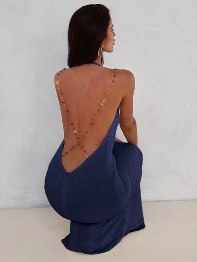 Aloruh Women's Sexy & Elegant Plunging Neck Backless Beaded Chain Decor Fitted Extra Long Dress, Pale Yellow