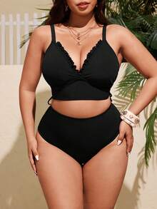 Swim Vcay Bộ đồ bơi Tankini 2 mảnh màu đen trơn có gân thời trang đi nghỉ & thường ngày tối giản có dây rút xếp nếp dây dày có thể điều chỉnh cỡ lớn dành cho nữ - màu đen - Xem 3