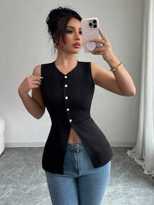 Elenzga French Elegant Fitted Sleeveless V-Neck White Button-Up Shirt For Women - Black - View 5