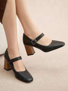 Rosivie 女式方头粗跟黑色法式复古带扣高跟鞋，适合办公室和户外穿着，四季皆宜 - 黑色 - 查看 3