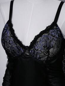 SHEIN Plus Size Trendsetter Series Dual-Color Lace & PU Patchwork Mesh Ruched Design Underwire Lingerie Dress - Black - View 3