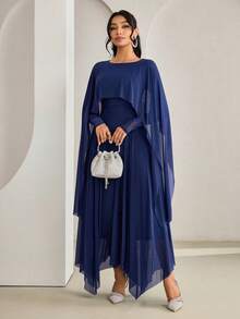 Veilorie 女士纯色褶皱优雅修身长袖阿拉伯连衣裙 - 藍色 - 查看 7