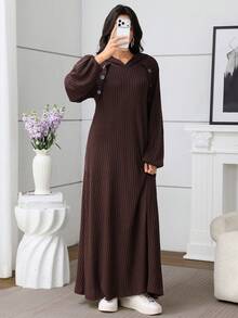 SHEIN Najma Váy dài tay đính nút vải dệt kim viền loe phong cách Ả Rập cho nữ, mùa thu/đông - Cà phê nâu - Xem 2