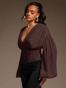 Hauture 女士性感柔软雪纺灯笼袖束身胸衣，浪漫优雅秋季款式 - 棕色 - 查看 3