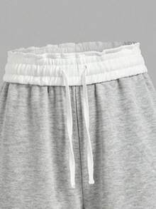 SHEIN Tween Girls Light Grey Plain Polyester Long Sweatpants Everyday Casual Comfort With Drawstring - Light Grey - View 4