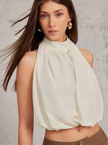 L'Amorae Backless High Neck Sleeveless Chiffon Summer Top - Beige - View 4