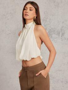 L'Amorae Backless High Neck Sleeveless Chiffon Summer Top - Beige - View 1