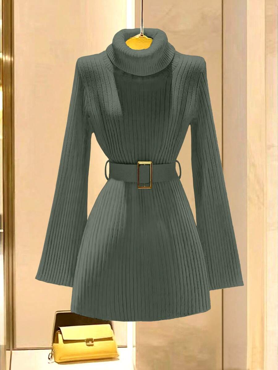 GlowEve Váy len thanh lịch cổ cao tay loe thời trang thu đông mới có khóa thắt lưng kim loại có thể điều chỉnh cho nữ, thoải mái, thanh lịch, phù hợp với nhiều dịp - xanh quân đội - Xem 1