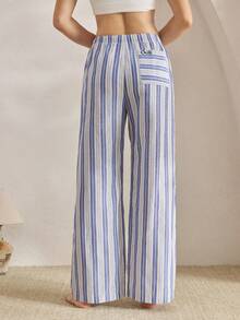 Ocili Quần vải cotton pha trộn sọc cơ bản có dây rút, quần mặc nhà thoải mái dễ chịu cho mùa thu, thời trang mùa thu và mùa đông - Xanh và trắng - Xem 4