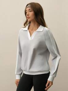 With My Calm 女士休闲撞色拼接运动Polo衫网球上衣女士高尔夫上衣健身衬衫 - 灰色 - 查看 4