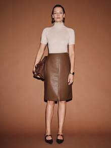 Lumivelle Women's Autumn/Winter PU Leather Slit Elegant Urban Commuting Style Mid-Length Skirt