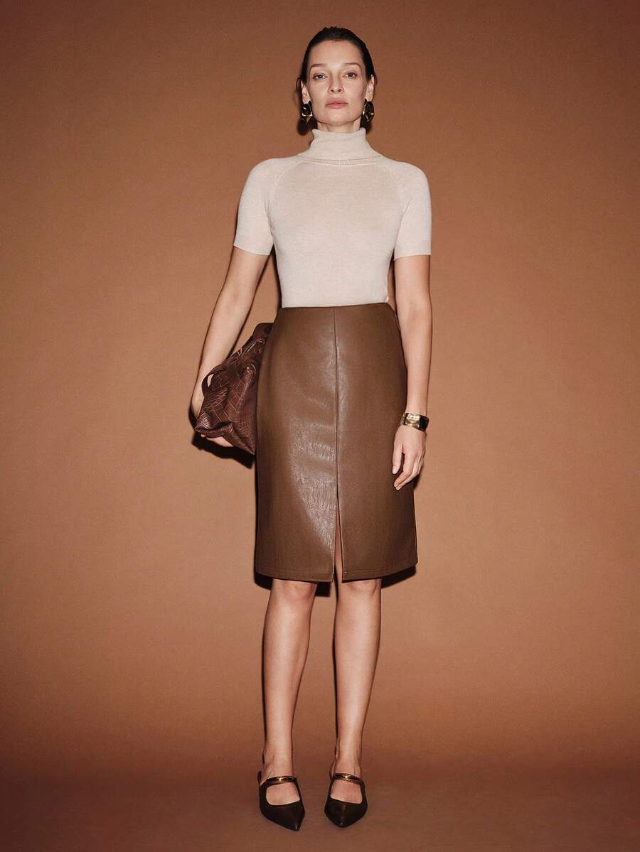 Lumivelle Women's Autumn/Winter PU Leather Slit Elegant Urban Commuting Style Mid-Length Skirt