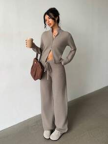 FavEase 两件套女士摩卡棕色毛衣套装，秋冬双拉链休闲时尚日常通勤运动装 - 摩卡棕 - 查看 4