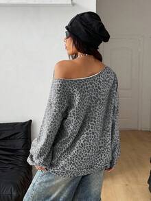 Coolane Áo sweatshirt nữ tay dài cổ lệch màu xám, phong cách đường phố thường ngày mùa thu/đông, họa tiết da báo, kiểu dáng vintage Y2K, thoải mái, dành cho sinh viên đại học. - Màu Xám nhạt - Xem 5