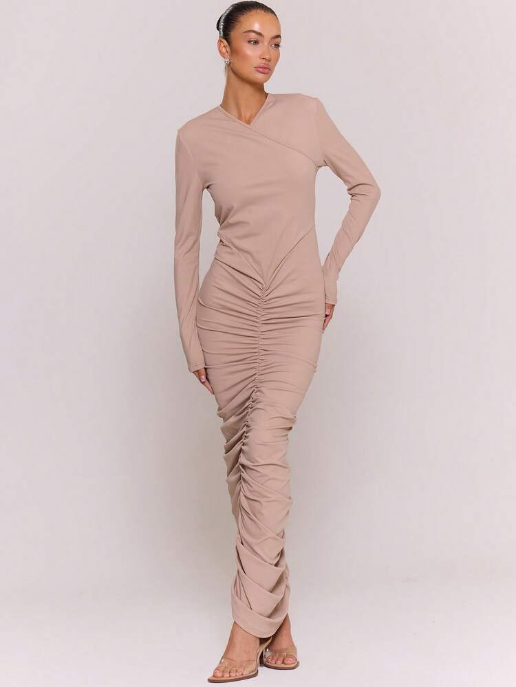 MUSERA Women Maxi Dresses Ruched Fitted Long Sleeve Maxi Long Dress Elegant Graduation Prom - Nude - View 1