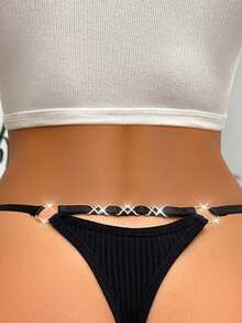 Solid Ring Linked Cut Out Waist Sexy G-String - Black - View 2