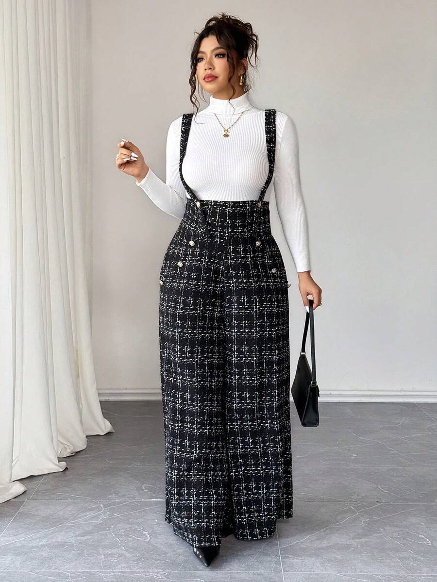 Bộ jumpsuit nữ cỡ lớn Elenzga thanh lịch, in họa tiết, chất liệu co giãn, ống rộng, cạp cao, khóa kim loại tinh tế, phù hợp cho nhiều dịp, du lịch sang trọng, đi làm hàng ngày, quần công sở. - màu đen - Xem 1