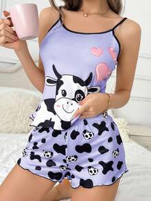 SHEIN 2件套可爱奶牛爱心印花女士睡衣套装 - 彩色 - 查看 3