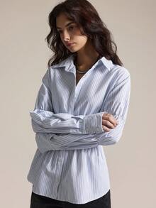 Easelle Casual Retro Waist Cinched Striped Tuck In Your Waist Comfortable And Skin-Friendly Women Shirt Shirts For Women Elegant Blue And White Shirt Blue Striped Shirt Cinched Waist Top - Multicolor - View 3