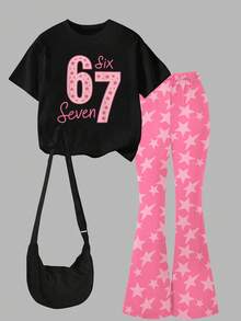 1 Set Tween Mädchen Lässig 67 Muster Schwarzes Kurzarm Rundhals T-Shirt und Rosa Weite Hose mit Sternenmuster, modisches Outfit für Frühling/Sommer - Schwarz - Übersicht 3