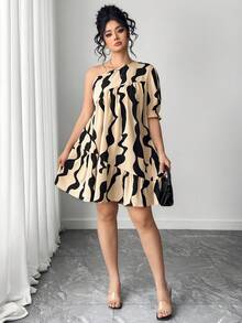 SHEIN Elenzya 大码极简多层娃娃裙，几何印花不对称灯笼袖及膝连衣裙 - 黑色 - 查看 5