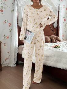 CottageSlumber 女士可爱碎花罗纹边长袖长裤浪漫花卉睡衣套装 - 黃色 - 查看 6