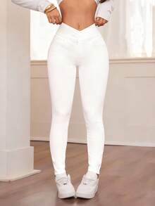 SHEIN PETITE 女士秋冬返校季万圣节圣诞节Y2K可爱运动街头风生日装扮夜店装扮机场装扮女式休闲水洗重叠腰部修身蓝色牛仔裤高腰弹力紧身牛仔裤 - 完美贴合日常穿着休闲蓝色牛仔紧身牛仔裤，采用柔软面料和显瘦高腰设计 - 白色 - 查看 3