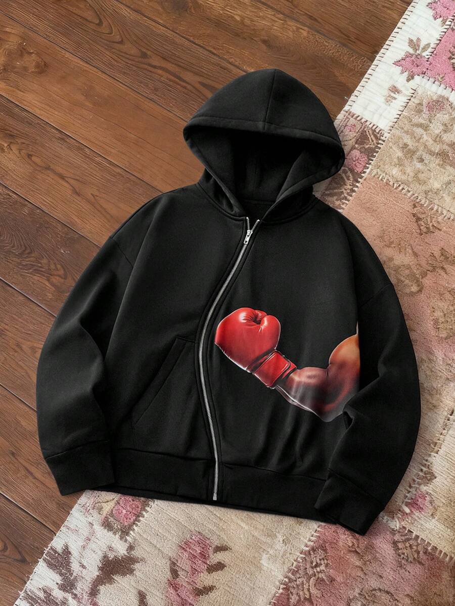 SWAVVY 男士时尚印花图案连帽卫衣，秋冬季，保暖内衬黑色图案连帽衫，拉链动漫连帽衫，男士街头风拉链连帽衫 - 黑色 - 查看 1