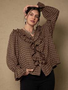 Freevana Áo sơ mi dài tay họa tiết hoa voan cỡ lớn cho nữ, áo cánh dài tay họa tiết hoa Bohemian, viền bèo nhún, hàng mới về đầu xuân - Nhiều màu - Xem 1