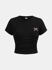 2pcs/Set Tween Girls Casual Black Round Neck Fitted T-Shirt & Pink Bow Print Straight Leg Pants Outfit, Matching Sister Set - Burnt Orange - View 6