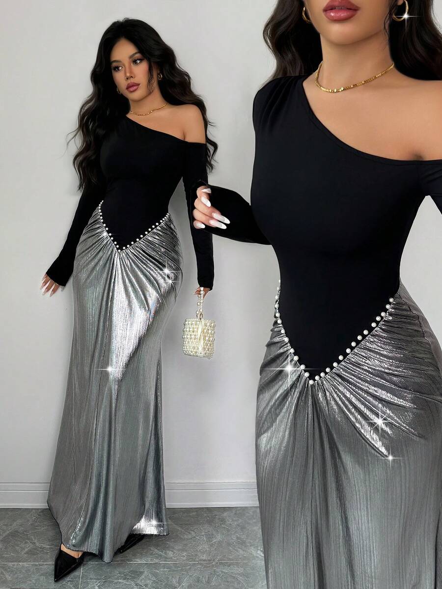 Elenzga Women's Elegant Asymmetrical Neckline Waist Pearl Decor Glossy Fabric Party Long Sleeve A-Line Dress, Autumn/Winter