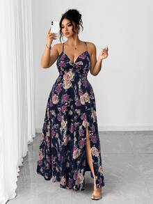 Elenzga Váy hai dây xẻ đùi họa tiết hoa mới cỡ lớn dành cho nữ, thích hợp cho kỳ nghỉ và hẹn hò - Nhiều màu - Xem 1