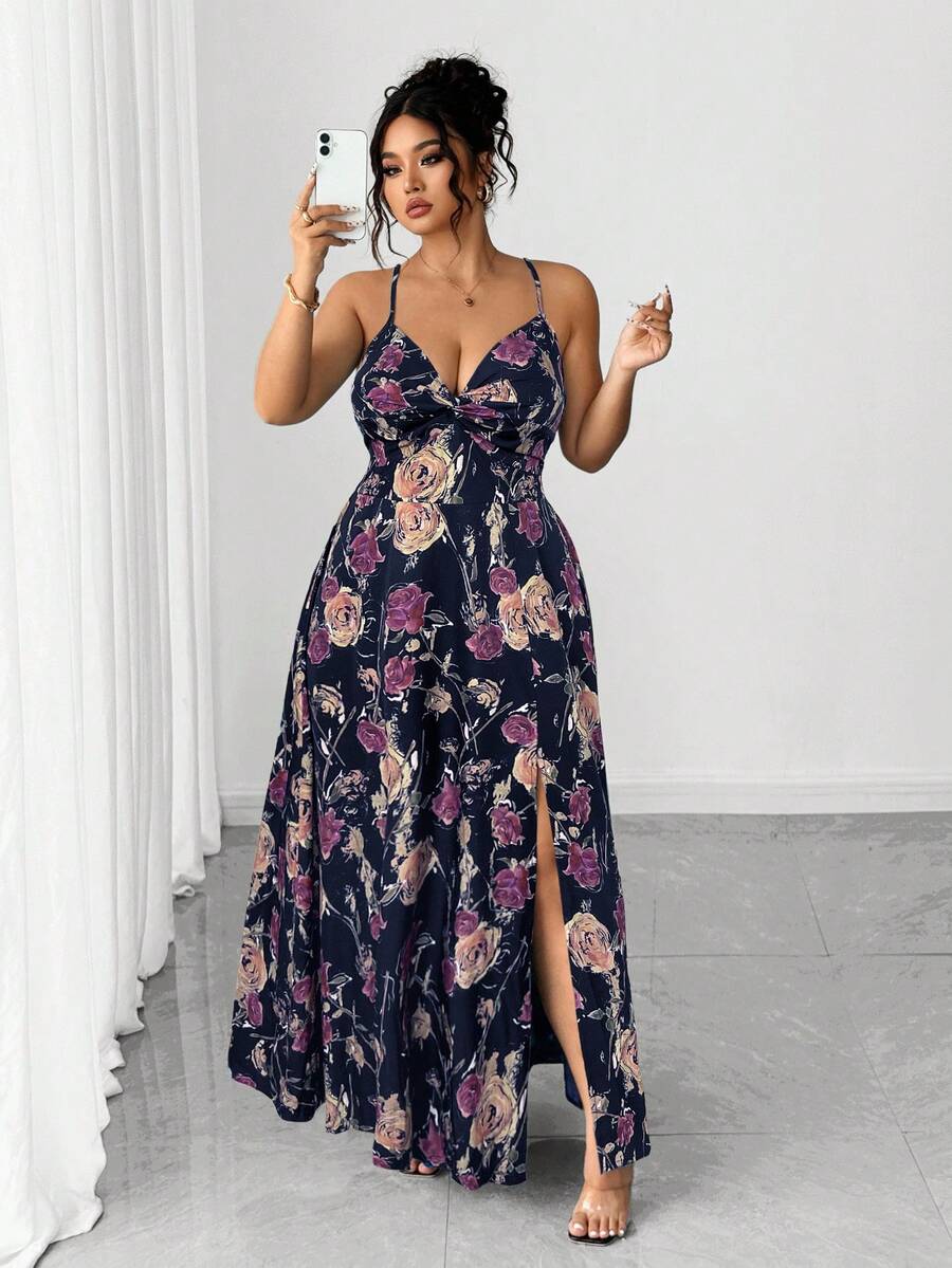 Elenzga Váy hai dây xẻ đùi họa tiết hoa mới cỡ lớn dành cho nữ, thích hợp cho kỳ nghỉ và hẹn hò - Nhiều màu - Xem 1