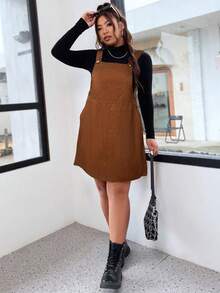 Elenzga Plus Size Solid Color Square Neck Sleeveless Pocket Loose Casual Dress - Brown - View 5
