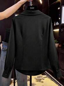 Franclia Women's Shiny Side Ruched Ruffle Collar Blouse, Casual Chic, Minimalist Elegant Style, Suitable For Work Commute - Black - View 2