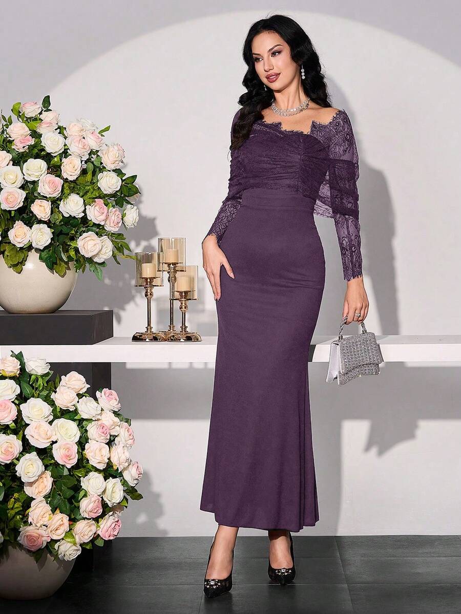 Modelyn Women's Lace Patchwork Asymmetrical Sleeve Long Dress - Purple - View 1