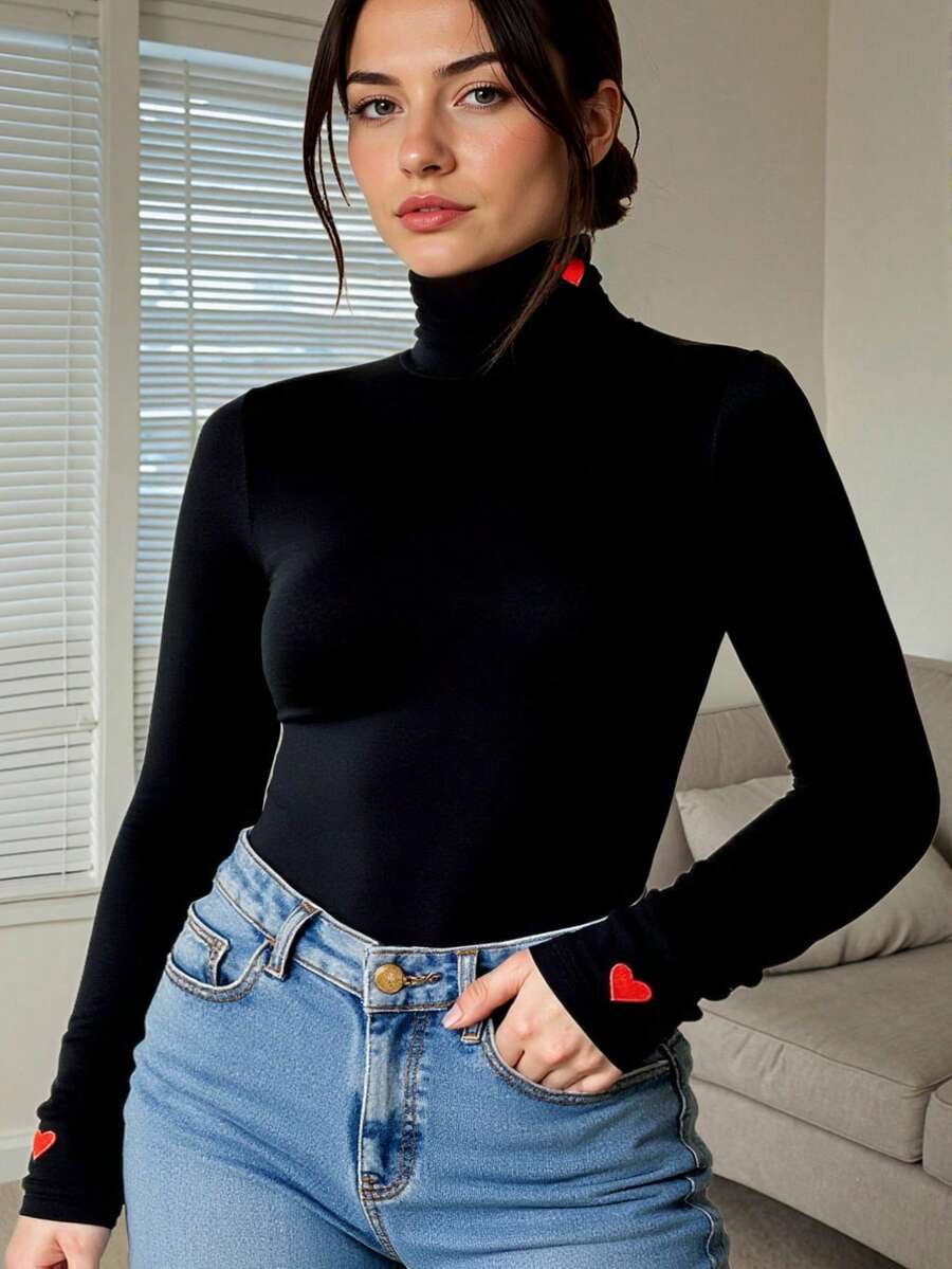 INAWLY Camiseta de manga larga de cuello alto con ajuste ceñido y estampado de corazón para tallas grandes - Negro - Ver 1