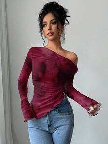 Firerie 优雅浪漫的酒红色扎染露肩长袖上衣 - 复古富贵风格秋冬女士派对服饰，完美适用于约会、情人节、夜店、婚礼和鸡尾酒会。 - 彩色 - 查看 4