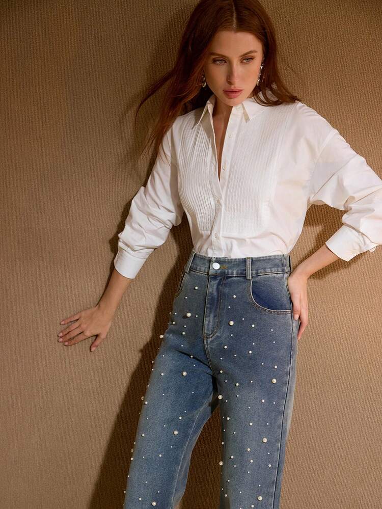 WOMEN'S PEARL EMBELLISHED FLARE LEG JEANS