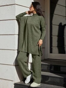 EURMUSE Ensemble Deux Pièces De Pulls Et Pantalons De Couleur Unie Pour Femmes - Militaire verte - Voir 6