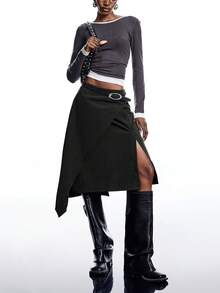 LYSMO 2026 简约女士条纹印花不对称下摆开衩半身裙，不对称裹身裙，深灰色半身裙，开衩半身裙，高开衩半身裙 - 深灰色 - 查看 7