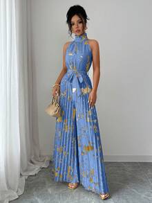 Elenzga 万圣节服装 无袖荷叶领优雅浪漫精致女士阔腿连体裤 - 藍色 - 查看 5