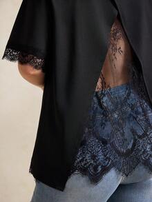 Elegantrix Plus Size Women's A-Line Contrast Lace Casual T-Shirt, Spring/Summer - Black - View 6